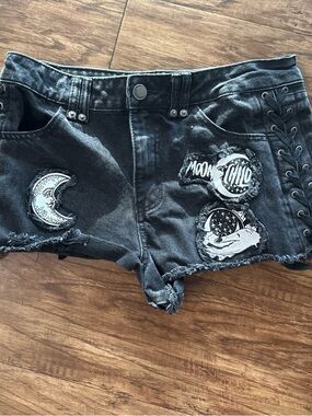 Killstar Black Moon Patch Lace-Up Denim Shorts